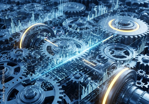 Closeup of complex gears and cogs with data visualization overlay, representing technology