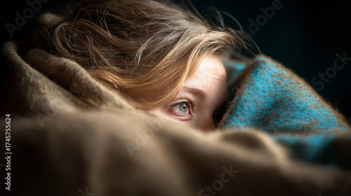 A woman with sad eyes lies in bed. Conceptual representation of loneliness and the struggle with depression.