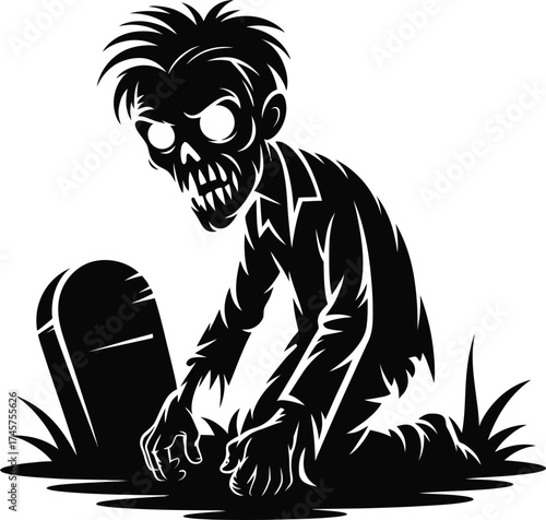 Creepy zombie emerging from grave illustration with a transparent background silhouette
