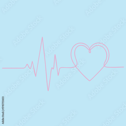 Minimalist Heartbeat Line with Heart Shape on Light Blue for Medical and Health Themes