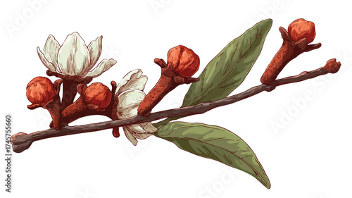 Cloves Flower Branch with Buds and Spice Vector Illustration