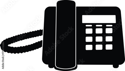 Black silhouette of a modern office telephone with handset and keypad isolated on white background