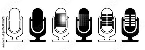 Variations of the microphone logo. Black microphone silhouette. Set of vector silhouette microphone icons. EPS10 Vector illustration