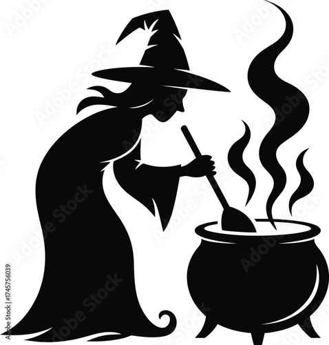 A witch stirring a cauldron with smoke perfect for halloween on transparent background silhouette