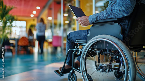 Close-up of a wheelchair user scrolling on a digital tablet, coworkers collaborating behind glass walls in a colorful inclusive workspace