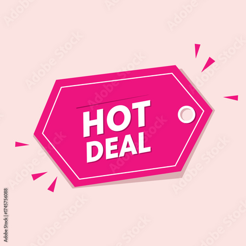 Hot Deal" pink tag with hexagon shape for promotions and special offers