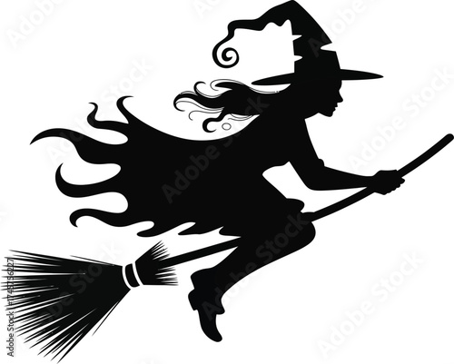 Flying witch on a broomstick halloween illustration on transparent background silhouette