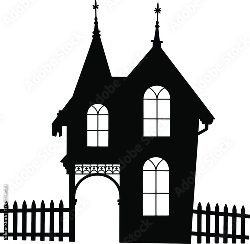Detailed gothic castle silhouette with picket fence on transparent background