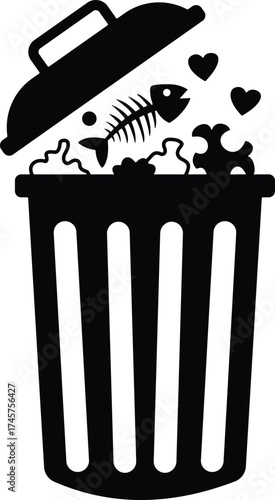 Black silhouette of a trash can overflowing with fish bones and hearts isolated on white background