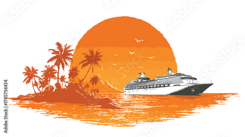Luxury Cruise Ship at Beautiful Orange Sunset on Ocean Vacation Hill
