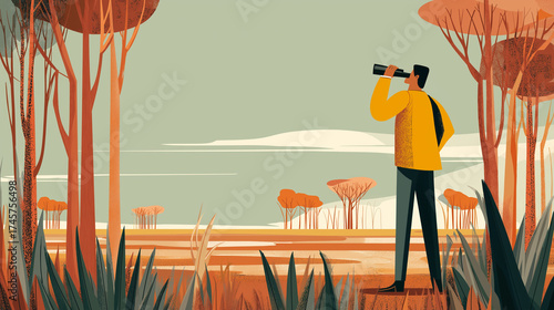 A flat illustration of a man with binoculars in a field, looking for birds. Birdwatching concept.