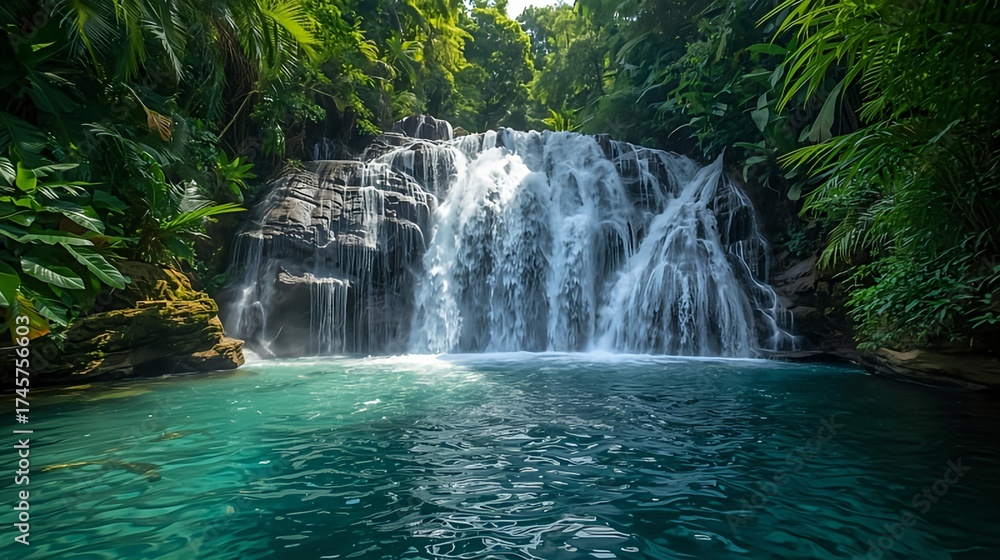Fototapeta premium Exotic waterfall nestled in a tropical jungle, with clear waters and rich greenery. Ideal for adventure, travel, or relaxation themes.