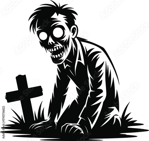 Creepy zombie emerging from ground near grave with cross silhouette on transparent background