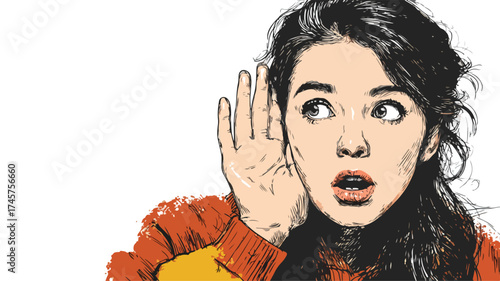 Curious Young Woman Listening Closely with Hand Near Ear