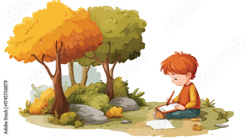 Creative Boy Artist Painting Beautiful Nature Landscape with Childlike Flair