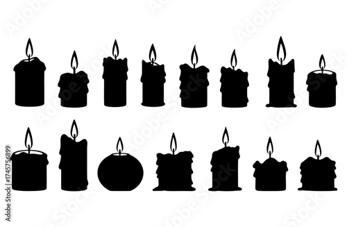 Burning candle silhouette set