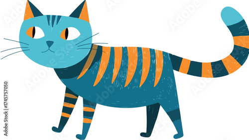 Charming Cartoon Blue Cat with Orange Stripes - Pet Animal Illustration