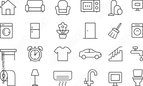 Art & IllustrationHousekeeping Line Icons Set — Modern Thin Black Vector Illustrations of Home Management and Cleaning Tools.