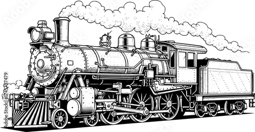 Engraved steam locomotive vector illustration. Vintage train etching highly detailed.
