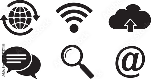 Essential Icons: Set of black and white minimal graphic icons that includes globe with arrows, wi-fi symbol, cloud with upload arrow, speech bubble, magnifying glass and email sign.