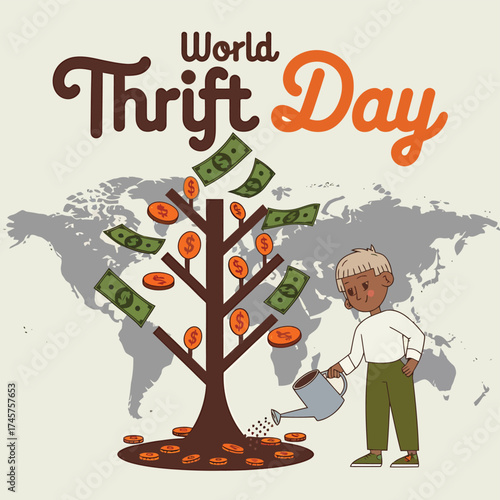 Vector art of world thrift day concept with boy watering money tree, coins, banknotes and world map