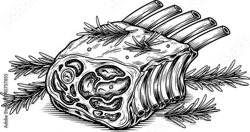 Vintage butcher shop style rack of lamb sketch with rosemary. 