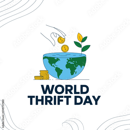 Vector art of world thrift day concept with boy watering money tree, coins, banknotes and world map