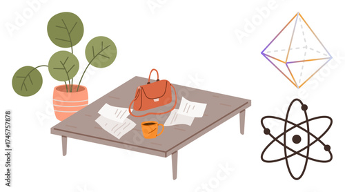 Wooden table with documents, bag, and coffee cup next to potted plant. Geometric figure and atomic symbol highlight learning, work, creativity, organization, education and focus. A simple flat