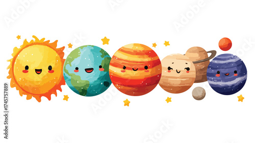 Adorable Cartoon Solar System Planets Orbiting Around Sun in Space Educational Concept for Kids
