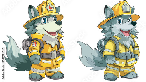 Adorable Cartoon Wolf Kids Firefighter Mascots Safety Illustration