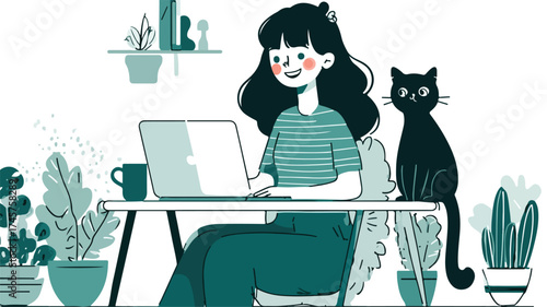 Cozy Home Office Scene with Cute Girl Working on Laptop and Cat
