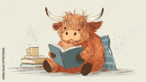 Adorable Highland Cow Calf Reading Book - Farm Animal Illustration