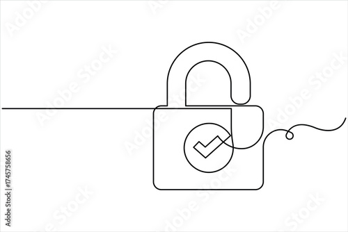 Continuous one line art drawing of padlock. Closed lock one line drawing. Single line art vector illustration, Shield, Protection