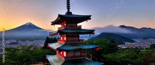 Scenic View of Chureito Pagoda and Mount Fuji in Japan at Dawn with Stunning Landscape