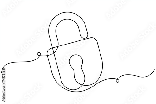 Continuous one line art drawing of padlock. Closed lock one line drawing. Single line art vector illustration, Shield, Protection