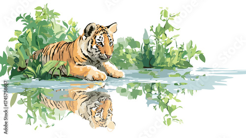 Adorable Tiger Cub in Lush Jungle by Water Reflection Vector Illustration