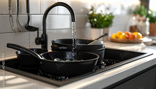 Kitchen Sink Cleaning Water Running Over Pans and Utensils
