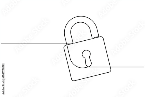 Continuous one line art drawing of padlock. Closed lock one line drawing. Single line art vector illustration, Shield, Protection