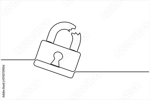 Continuous one line art drawing of padlock. Closed lock one line drawing. Single line art vector illustration, Shield, Protection