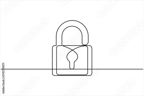 Continuous one line art drawing of padlock. Closed lock one line drawing. Single line art vector illustration, Shield, Protection