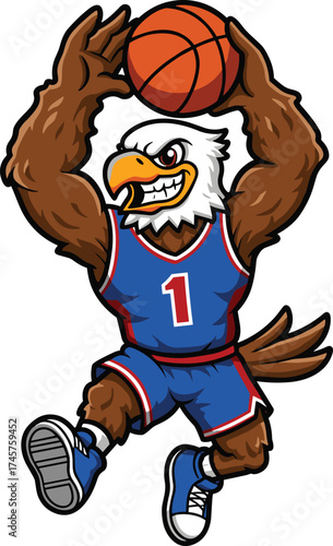 Cartoon eagle basketball mascot, sports team bird, slam dunk action, athletic eagle illustration, vector character design, dynamic animal art, competitive game symbol
