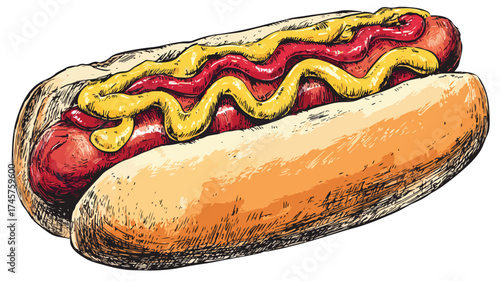 Tasty Hot Dog in Bun - Fast Food Street Food Snack Vector Illustration