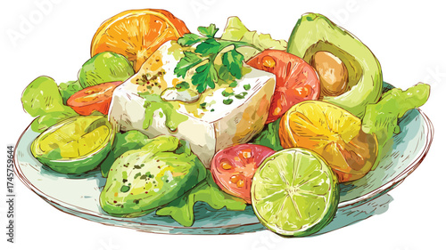 Vibrant Tofu Salad with Fresh Vegtables, Lime, and Avocado