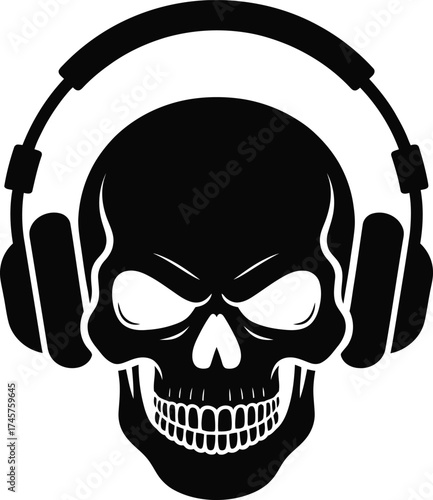 Dark skull wearing headphones a striking image on transparent background silhouette