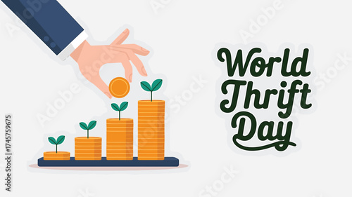 Vector art of world thrift day graphic showing a hand adding a coin to a growing stack of money, symbolizing financial growth and investment for a prosperous future