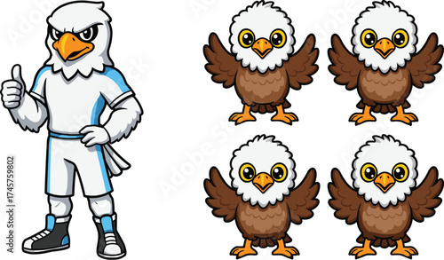 Cartoon eagle mascot, baby eagle group, sports uniform bird, cute animal illustration, anthropomorphic eagle design, wildlife mascot art, vector character collection