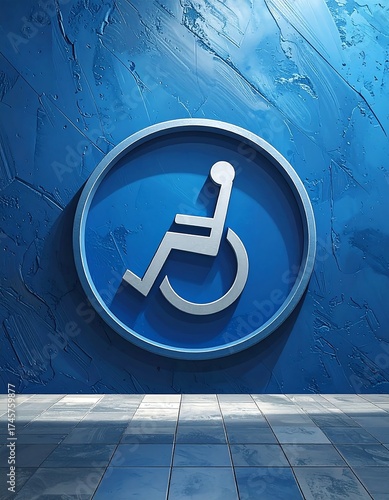 Blue wheelchair symbol on textured wall