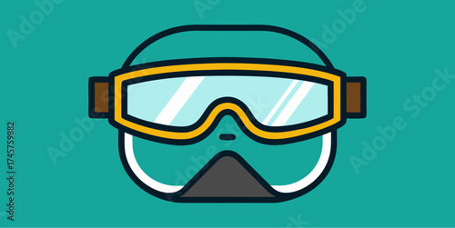 Protective mask and goggles with yellow frame on teal background in minimal flat design