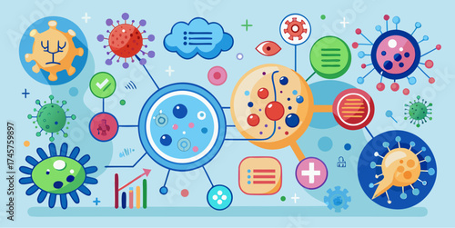 Colorful abstract illustration of viruses, cells, and data elements representing medical research and biology