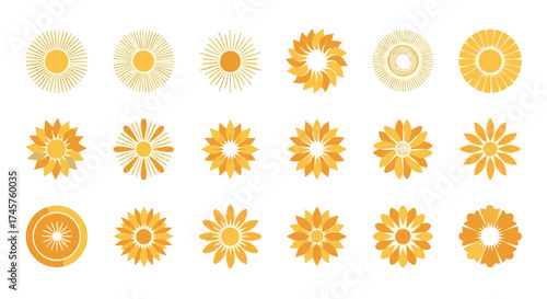 Diverse collection of abstract vector graphic elements featuring sun and flower-like shapes, showcasing various circular patterns in warm golden and orange tones for creative design projects